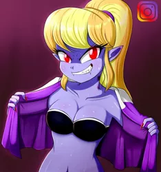 Size: 1080x1152 | Tagged: suggestive, artist:the-butch-x, derpibooru import, cloud kicker, undead, vampire, equestria girls, bite mark, bra, breasts, busty cloud kicker, clothes, female, grin, image, instagram, jpeg, looking at you, ponytail, smiling, smiling at you, solo, solo female, underwear, undressing