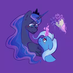 Size: 1200x1200 | Tagged: safe, artist:dandy_pony, derpibooru import, princess luna, trixie, alicorn, pony, unicorn, blushing, bouquet, bust, ethereal mane, female, flower, horn, image, jewelry, jpeg, lesbian, levitation, looking at each other, looking at someone, luxie, magic, shipping, simple background, telekinesis, tiara, wings