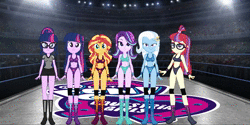 Size: 4090x2046 | Tagged: suggestive, artist:invisibleink, derpibooru import, fifteen.ai, moondancer, sci-twi, starlight glimmer, sunset shimmer, trixie, twilight sparkle, equestria girls, animated, image, magical quintet, referee, sound, sports, webm, wrestling, wrestling ring