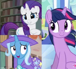 Size: 660x600 | Tagged: safe, derpibooru import, edit, edited screencap, screencap, rarity, trixie, twilight sparkle, female, image, jpeg, lesbian, polyamory, rarilight, rarixie, shipping, shipping domino, twixie, twixity