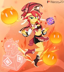 Size: 1755x1973 | Tagged: safe, artist:tabrony23, derpibooru import, sunset shimmer, equestria girls, bedroom eyes, belly button, boots, clothes, cosplay, costume, cute, female, fire, genshin impact, hat, high heels, image, looking at you, magic, patreon, patreon logo, png, sexy, shoes, slimes (genshin impact), smiling, smiling at you, solo, yanfei (genshin impact)