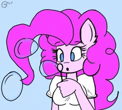 Size: 1280x1152 | Tagged: safe, artist:genericmlp, derpibooru import, pinkie pie, anthro, blowing bubbles, blue background, clothes, image, jpeg, shirt, simple background, solo