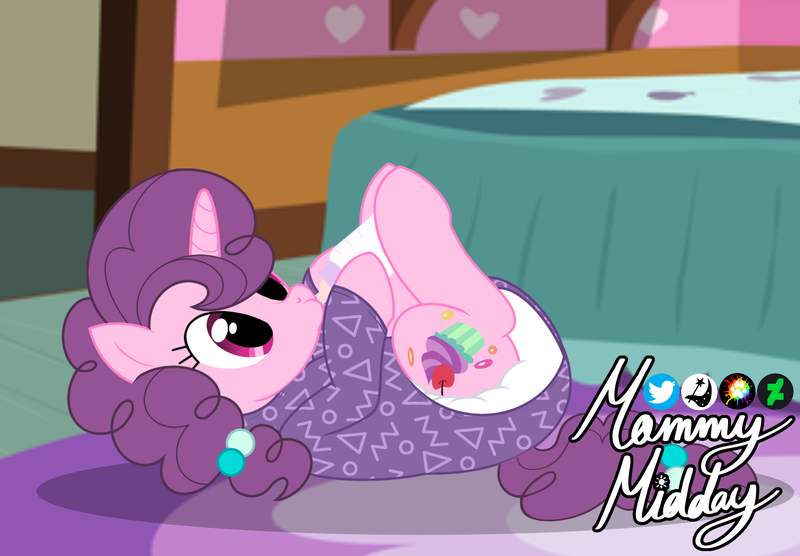 Size: 2360x1640 | Tagged: questionable, artist:mommymidday, derpibooru import, sugar belle, pony, unicorn, abdl, adult foal, baby bottle, bottle, clothes, cute, cutie mark, diaper, diaper fetish, drinking, fetish, g4, hair accessory, image, lying down, milk, onesie, photo, png, poofy diaper, show accurate, show accurate porn, signature, solo