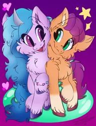 Size: 1980x2592 | Tagged: safe, artist:nehirertan07, derpibooru import, izzy moonbow, sunny starscout, earth pony, pony, unicorn, my little pony: a new generation, cheek fluff, cheek squish, chest fluff, curved horn, cute, ear fluff, eye contact, female, fluffy, g5, heart, hoof fluff, horn, image, izzybetes, leg fluff, looking at each other, looking at someone, mare, messy mane, neck fluff, png, purple background, raised hoof, shoulder fluff, side by side, simple background, smiling, squishy cheeks, stars, sunnybetes, unshorn fetlocks