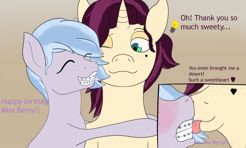 Size: 1500x900 | Tagged: questionable, anonymous artist, derpibooru import, edit, oc, oc:mulberry merlot, oc:winter azure, earth pony, pony, unicorn, braces, colt, cute, dubious consent, female, femboy, freckles, gift art, hug, image, imminent foalcon, licking, licking braces, licking teeth, male, ocbetes, png, tongue out