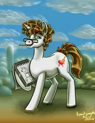 Size: 1024x1326 | Tagged: safe, artist:amalgamzaku, derpibooru import, oc, oc:sweet strokes, pony, unicorn, glasses, image, jpeg, male, mouth hold, notepad, pencil, solo, stallion