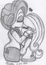 Size: 982x1369 | Tagged: safe, artist:rtonart, derpibooru import, fluttershy, rarity, human, clothes, eyes closed, female, flarity, forehead kiss, grayscale, heart, height difference, humanized, image, kissing, lesbian, monochrome, pencil drawing, png, shipping, skirt, sweater, sweatershy, traditional art