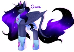 Size: 2901x2037 | Tagged: safe, artist:krissograph, derpibooru import, princess luna, alicorn, pony, alternate universe, blue eyes, blue mane, blue tail, colored pupils, crown, ethereal mane, feather, female, flowing mane, flowing tail, folded wings, gem, hoof shoes, horn, image, jewelry, jpeg, looking at you, regalia, signature, simple background, solo, starry mane, starry tail, stars, tail, white background, wings