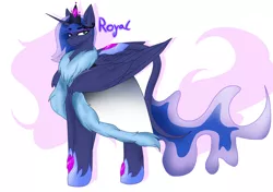 Size: 2901x2037 | Tagged: safe, artist:krissograph, derpibooru import, princess luna, alicorn, pony, alternate universe, blue eyes, blue mane, blue tail, clothes, coat, colored pupils, crown, feather, female, flowing mane, flowing tail, folded wings, gem, hoof shoes, horn, image, jewelry, jpeg, looking at you, regalia, simple background, solo, stars, tail, white background, wings