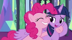 Size: 1018x570 | Tagged: safe, artist:queenderpyturtle, derpibooru import, edit, edited screencap, screencap, pinkie pie, twilight sparkle, pony, female, hug, image, lesbian, png, shipping, twinkie, winghug, wings