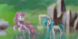 Size: 2323x1170 | Tagged: safe, artist:elisdoominika, derpibooru import, pinkie pie, oc, oc:sweet elis, earth pony, pony, blushing, image, jumping, lake, nature, oc and canon, png, scenery, sketch, smiling, soft color, standing on two hooves, water, waterfall