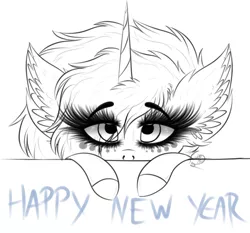 Size: 1898x1771 | Tagged: safe, artist:beamybutt, derpibooru import, oc, oc:moonbeam, unofficial characters only, pony, unicorn, bust, ear fluff, eyelashes, female, happy new year, holiday, horn, image, lineart, mare, monochrome, png, solo, unicorn oc