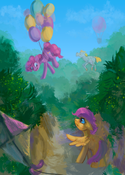 Size: 3162x4430 | Tagged: safe, artist:yarugreat, derpibooru import, pinkie pie, scootaloo, earth pony, pegasus, pony, balloon, floating, image, png, scootaloo can't fly, scootaloo is not amused, then watch her balloons lift her up to the sky, unamused