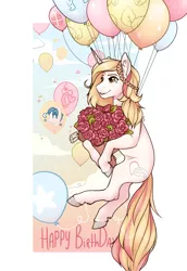 Size: 1379x2000 | Tagged: safe, artist:royvdhel-art, derpibooru import, pinkie pie, oc, unofficial characters only, pony, unicorn, balloon, bouquet, floating, flower, flying, happy birthday, horn, image, png, then watch her balloons lift her up to the sky, unicorn oc