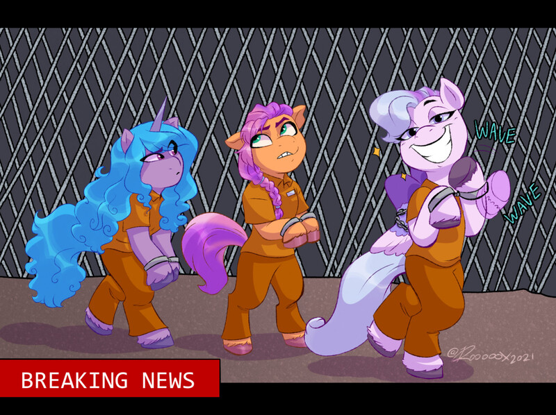 Size: 1280x956 | Tagged: safe, artist:rooooox, derpibooru import, izzy moonbow, queen haven, sunny starscout, earth pony, pegasus, pony, unicorn, my little pony: a new generation, bipedal, clothes, cuffs, frustrated, g5, image, jpeg, prison outfit, prisoner, varying degrees of want