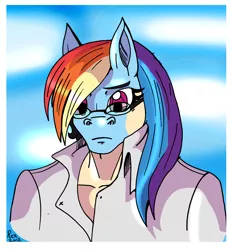 Size: 2184x2353 | Tagged: safe, artist:rex-equinox, derpibooru import, rainbow dash, human, clothes, coat, glasses, human to pony, image, png, rainbow dork, rule 63, solo, transformation, transgender transformation