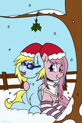 Size: 1024x1536 | Tagged: safe, artist:exobass, derpibooru import, oc, oc:cloud cuddler, oc:sweet haze, earth pony, pegasus, bow, christmas, clothes, earthponyoc, fence, glasses, hat, holiday, image, jpeg, mistletoe, pegasus oc, snow, socks, tree, wings