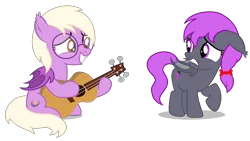 Size: 6250x3520 | Tagged: safe, artist:strategypony, derpibooru import, oc, oc:nocturnal grapes, oc:pinkfull night, unofficial characters only, bat pony, bat pony oc, bat wings, duo, duo female, female, glasses, guitar, image, musical instrument, nervous, png, simple background, sitting, standing, transparent background, wings, younger