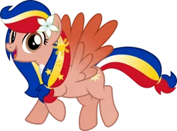 Size: 2848x2106 | Tagged: safe, artist:jhayarr23, derpibooru import, oc, oc:pearl shine, ponified, unofficial characters only, pegasus, pony, brown eyes, female, flower, flower in hair, flying, full body, high res, image, looking at you, mare, multicolored mane, multicolored tail, nation ponies, open mouth, open smile, pegasus oc, philippines, png, show accurate, simple background, smiling, smiling at you, solo, spread wings, tail, transparent background, wings