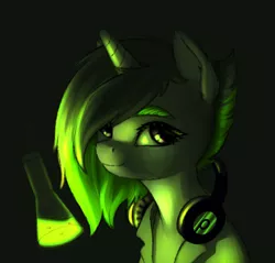Size: 1024x979 | Tagged: safe, artist:niia56, derpibooru import, oc, unofficial characters only, pony, unicorn, eyebrows, female, flask, green background, green light, headphones, image, jpeg, looking at you, mare, simple background, smiling, solo