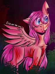 Size: 1536x2048 | Tagged: semi-grimdark, artist:glitchedout, derpibooru import, fluttershy, pegasus, pony, bleeding, blood, bush, chest fluff, cut, female, forest, full face view, image, looking away, looking sideways, mare, night, one ear down, outdoors, png, scared, scratches, shoulder fluff, skinny, solo, speedpaint available, spread wings, standing, stray strand, torn ear, tree, wide eyes, wings