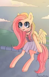 Size: 2232x3508 | Tagged: safe, artist:angelinarichter, derpibooru import, fluttershy, pegasus, pony, bench, bipedal, catchlights, choker, chokershy, clothes, crepuscular rays, cross, e-girl, ear piercing, female, heart eyes, image, mare, open mouth, outdoors, piercing, png, sitting, skirt, solo, spread wings, stray strand, three quarter view, wingding eyes, wings