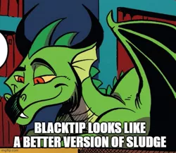 Size: 575x500 | Tagged: safe, artist:andypriceart, derpibooru import, blacktip, dragon, spoiler:comic61, cropped, image, implied sludge, jpeg, male, solo, text