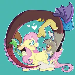 Size: 950x950 | Tagged: safe, artist:asstheticgarbage, derpibooru import, discord, fluttershy, draconequus, pegasus, pony, curled up, cute, discoshy, discute, eye contact, eyebrows, eyebrows visible through hair, female, floppy ears, folded wings, green background, heart, image, looking at each other, looking at someone, lying down, male, mare, open mouth, open smile, png, profile, prone, shipping, shyabetes, simple background, smiling, smiling at each other, straight, upside down, wings