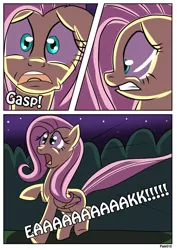 Size: 905x1280 | Tagged: safe, artist:rex-equinox, derpibooru import, fluttershy, goo, goo pony, latex pony, original species, pony, comic, human to pony, image, jpeg, latex, living latex, scared, transformation