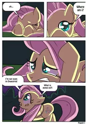 Size: 905x1280 | Tagged: safe, artist:rex-equinox, derpibooru import, fluttershy, goo, goo pony, latex pony, original species, pony, comic, human to pony, image, jpeg, latex, living latex, scared, transformation