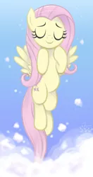 Size: 3509x6622 | Tagged: safe, artist:flutterstormreturns, derpibooru import, fluttershy, pegasus, pony, fame and misfortune, cloud, eyes closed, female, flawless, flying, hooves to the chest, image, mare, png, scene interpretation, sky, smiling, solo, spread wings, three quarter view, wings