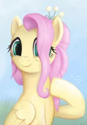 Size: 3103x4440 | Tagged: safe, artist:flutterstormreturns, derpibooru import, fluttershy, pegasus, pony, the last problem, bust, colored, cute, female, folded wings, gradient background, hair over one eye, hoof on chest, image, looking at you, mare, older, older fluttershy, png, portrait, raised hoof, shyabetes, smiling, solo, three quarter view, wings