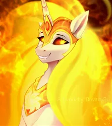 Size: 3641x4096 | Tagged: safe, artist:buvanybu, derpibooru import, daybreaker, alicorn, pony, absurd resolution, fangs, female, grin, image, jpeg, mane of fire, mare, smiling, solo