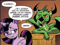 Size: 1298x969 | Tagged: safe, artist:andypriceart, derpibooru import, idw, blacktip, twilight sparkle, twilight sparkle (alicorn), alicorn, dragon, pony, spoiler:comic61, cropped, duo, image, implied princess ember, implied spike, png, smuglight sparkle, spread wings, text, wings