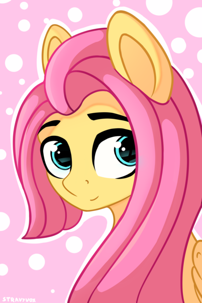 Size: 4000x6000 | Tagged: safe, artist:stravyvox, derpibooru import, fluttershy, pegasus, pony, abstract background, alternate hairstyle, bust, cute, female, high res, image, looking at you, mare, outline, png, polka dot background, portrait, shyabetes, smiling, solo, three quarter view, white outline, wings