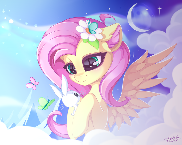 Size: 2869x2295 | Tagged: safe, artist:stahlkat, derpibooru import, angel bunny, fluttershy, butterfly, insect, pegasus, pony, rabbit, angelbetes, animal, bust, cloud, crescent moon, cute, duo, ear fluff, female, flower, flower in hair, holding, hoof hold, image, looking at each other, looking at someone, mare, moon, mountain, png, shyabetes, smiling, spread wings, stars, three quarter view, wings