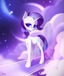 Size: 3586x4219 | Tagged: safe, artist:stahlkat, derpibooru import, rarity, pony, unicorn, abstract background, cloud, crescent moon, female, head turned, high res, image, looking at you, mare, moon, png, smiling, solo, standing, three quarter view