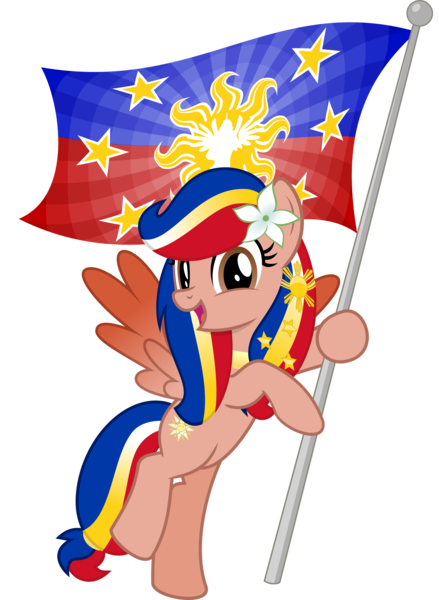 Size: 2095x2863 | Tagged: safe, artist:jhayarr23, derpibooru import, oc, oc:pearl shine, ponified, pegasus, pony, bipedal, flag, holding a flag, image, looking at you, nation ponies, open mouth, philippines, png, simple background, solo, transparent background