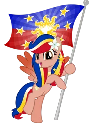 Size: 2095x2863 | Tagged: safe, artist:jhayarr23, derpibooru import, oc, oc:pearl shine, ponified, pegasus, pony, bipedal, flag, holding a flag, image, looking at you, nation ponies, open mouth, philippines, png, simple background, solo, transparent background