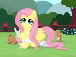 Size: 1600x1200 | Tagged: safe, artist:podiponi, derpibooru import, fluttershy, pegasus, pony, rabbit, animal, bush, cute, daaaaaaaaaaaw, ear fluff, female, fence, flower, folded wings, grass, heart eyes, image, looking at you, lying down, mare, outdoors, petting, png, prone, shyabetes, smiling, solo, that pony sure does love animals, three quarter view, tree, wingding eyes, wings