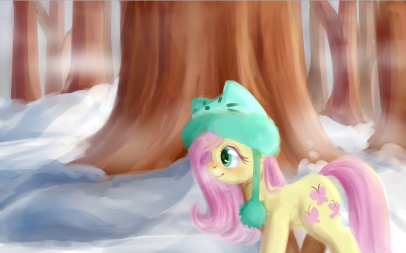 Size: 1415x881 | Tagged: safe, artist:taika403, derpibooru import, fluttershy, pony, cat hat, clothes, female, forest, hat, image, jpeg, mare, outdoors, profile, smiling, snow, solo, tree, wingless, winter, winter outfit