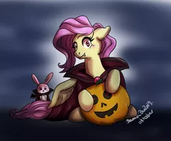 Size: 1265x1044 | Tagged: safe, artist:bubucoy, derpibooru import, angel bunny, fluttershy, pegasus, pony, undead, vampire, blushing, cape, clothes, costume, duo, fangs, female, floppy ears, halloween, halloween costume, head turn, holiday, image, jack-o-lantern, jpeg, looking at you, mare, night, pumpkin, red eyes, sitting, smiling, spread wings, wings, wings down