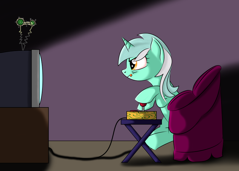 Size: 2904x2079 | Tagged: safe, artist:lifesharbinger, derpibooru import, lyra heartstrings, pony, unicorn, :p, arcade stick, chair, controller, female, gamer, gamer lyra, glare, hoof hold, image, joystick, png, sitting, smiling, smirk, solo, television, tongue out, video game