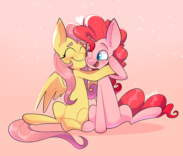 Size: 3133x2666 | Tagged: safe, artist:dymitre, derpibooru import, fluttershy, pinkie pie, earth pony, pegasus, pony, abstract background, blushing, duo, eyes closed, female, friendshipping, happy, heart, hug, image, looking at someone, mare, one eye closed, open mouth, pink background, png, simple background, sitting, smiling, spread wings, wings