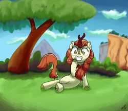 Size: 2500x2172 | Tagged: safe, artist:wallparty, derpibooru import, autumn blaze, kirin, female, grin, hoof on chin, image, kirin day, leaning, looking at you, mare, outdoors, png, raised hoof, smiling, solo, tree
