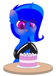 Size: 800x1080 | Tagged: safe, artist:latexcut1e, derpibooru import, oc, oc:blue vector, unofficial characters only, pony, unicorn, birthday, blushing, cake, clothes, cute, ear fluff, food, gift art, happy, image, latex, latex socks, png, simple background, smiling, socks, solo, tongue out, transparent background