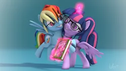 Size: 3840x2160 | Tagged: safe, artist:laylahorizonsfm, derpibooru import, rainbow dash, twilight sparkle, twilight sparkle (alicorn), alicorn, pegasus, pony, 3d, alternate hairstyle, blue background, book, choker, colored eyelashes, daring do and the sapphire statue, female, glasses, grin, high res, hug, image, lesbian, levitation, looking at each other, looking at someone, magic, pigtails, png, shipping, signature, simple background, smiling, source filmmaker, spread wings, telekinesis, twidash, wings