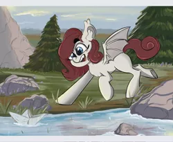 Size: 2048x1678 | Tagged: safe, artist:shoetasia, derpibooru import, oc, unofficial characters only, bat pony, pony, image, jpeg, paper boat, solo, tree, water