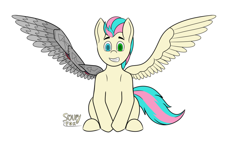 Size: 5500x3500 | Tagged: safe, artist:soupyfox, derpibooru import, oc, oc:prism streak, pegasus, pony, amputee, artificial wings, augmented, heterochromia, image, looking at you, png, prosthetic limb, prosthetic wing, prosthetics, simple background, sitting, smiling, smiling at you, solo, spread wings, transparent background, wings