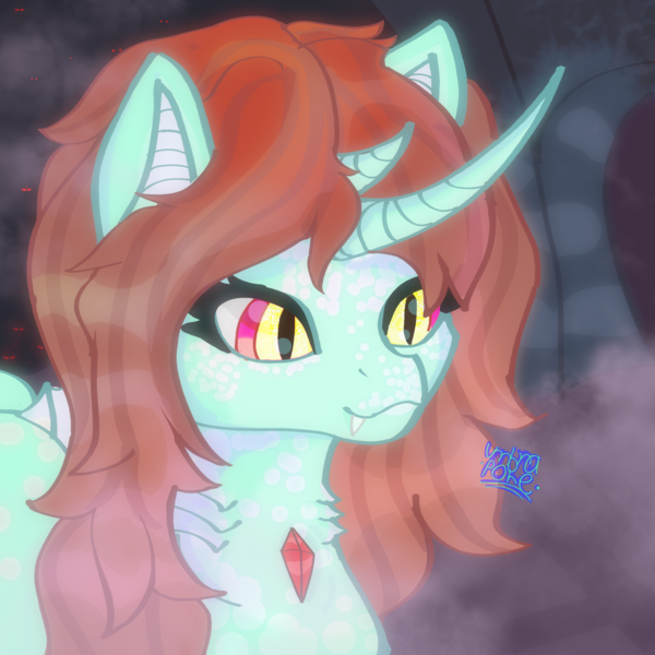 Size: 3000x3000 | Tagged: safe, artist:umbrapone, derpibooru import, oc, bicorn, merpony, brown mane, bust, cultist, cult leader, cute, cute little fangs, deep one, dorsal fin, dwarf fortress, fangs, fog, gem, gills, horn, image, multiple horns, png, portrait, slitted eyes, yellow eyes